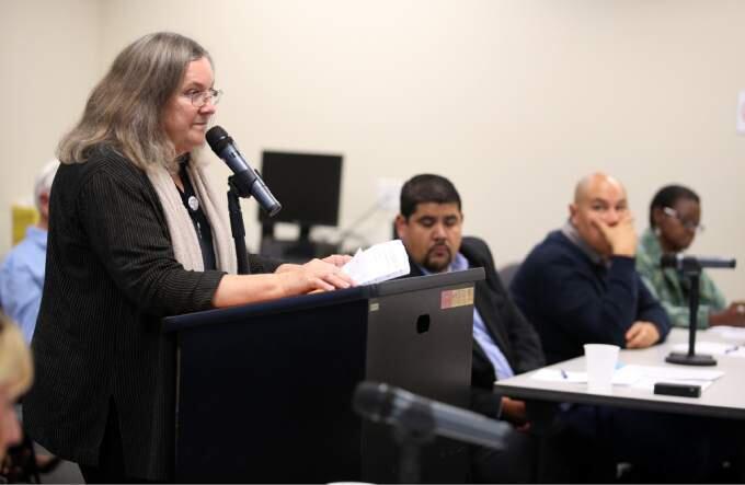 Susan Lamont spoke during a Community and Local Law Enforcement Task Force meeting held Monday evening at the Department of Human Services Employment and Training Division. (Crista Jeremiason / The Press Democrat)