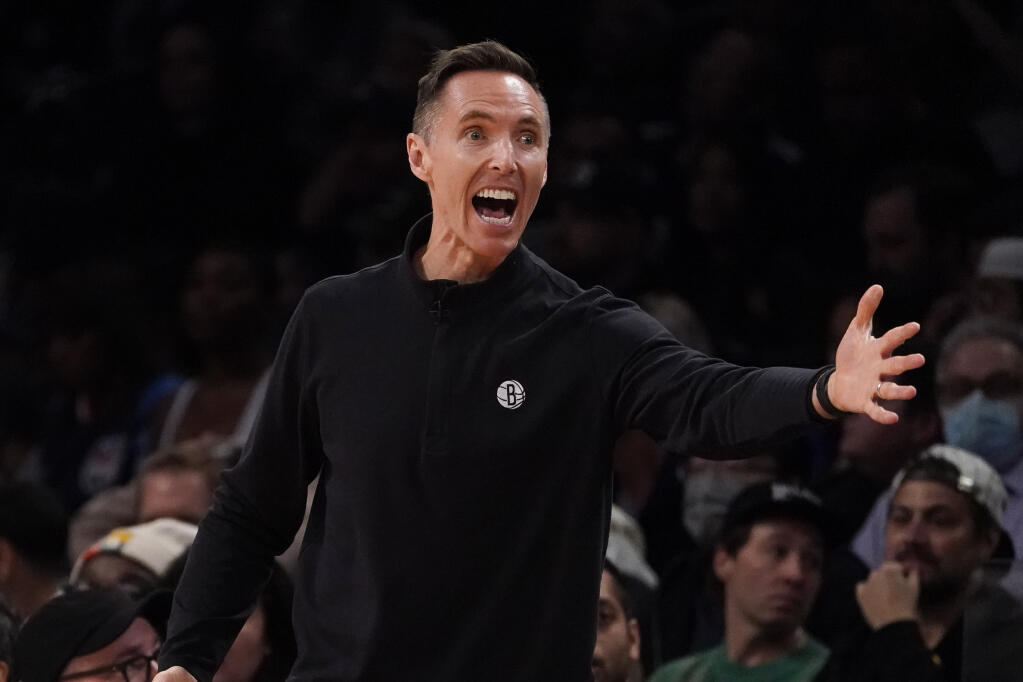 Brooklyn Nets head coach Steve Nash reacts to a referee call during the first half of Game 4 of an NBA basketball first-round playoff series against the Boston Celtics, Monday, April 25, 2022, in New York. (AP Photo/John Minchillo)