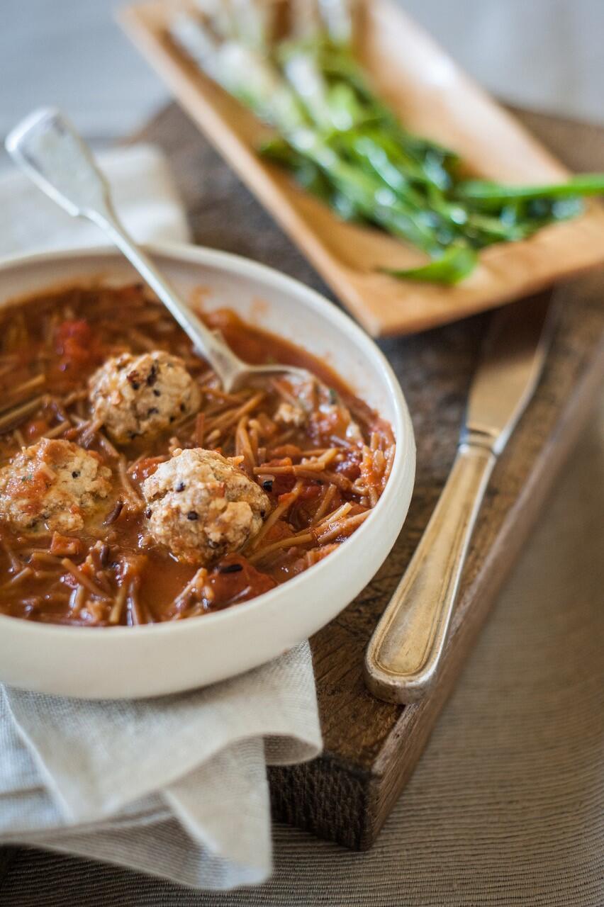 Sopa de Albondigas is made with a thin pasta known as fideo and chorizo meatballs. (Liza Gershman)