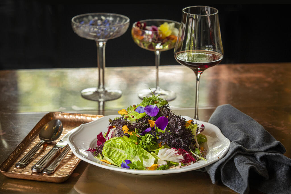 The Madrona Salad with lettuces, fresh and pickled estate vegetables and herb dressing from The Madrona in Healdsburg Friday, June 3, 2022. (John Burgess / The Press Democrat)