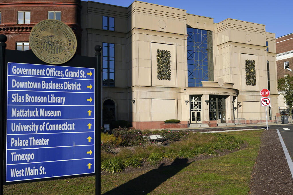The State of Connecticut Superior Court where jurors deliberate the defamation trail against Alex Jones, in Waterbury, Conn, Tuesday, Oct. 11, 2022. (AP Photo/Bryan Woolston)