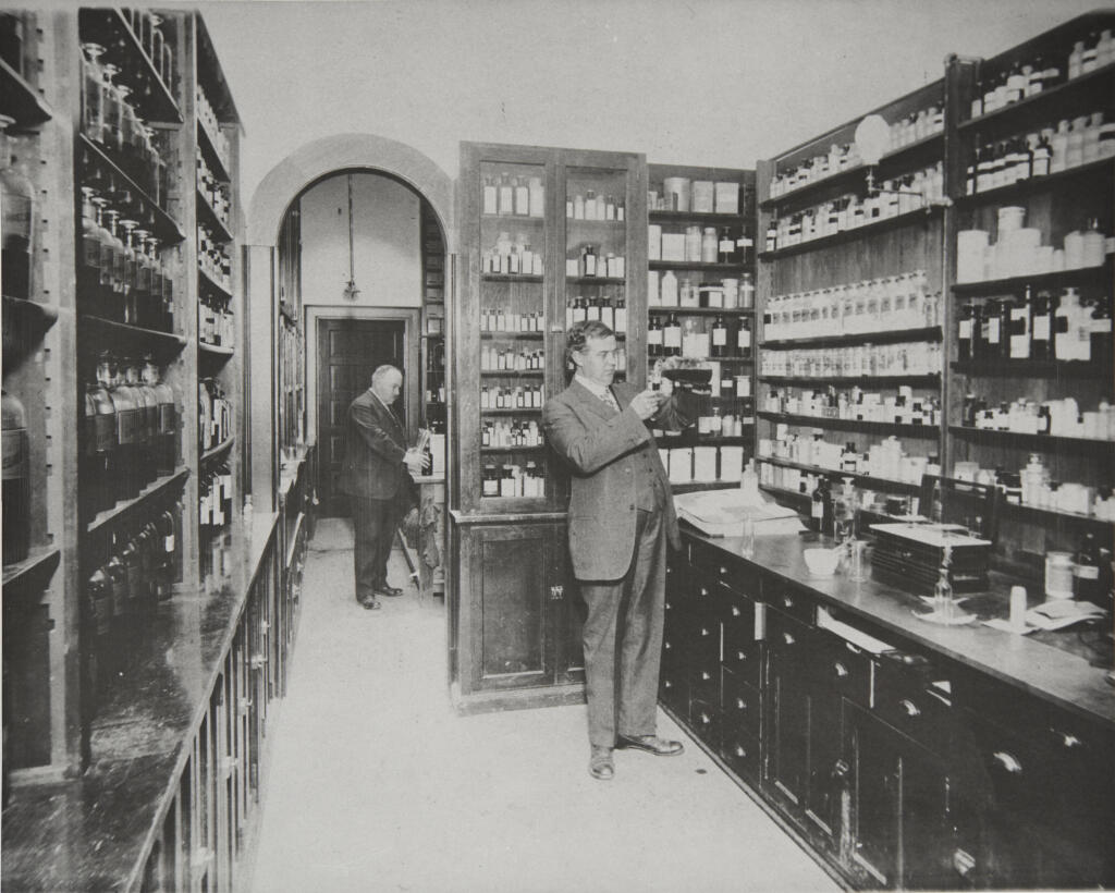 Paul T. Hahman, left, owner of Hahman Drug Company, prepares prescriptions alongside an unidentified man, circa 1920. Hahman Drug Company was located on Santa Rosa’s Old Courthouse Square at 213 Exchange Ave. (Sonoma County Library)