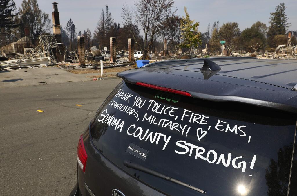 A message left for first responders in Coffey Park after the October 2017 firestorm. (CHRISTOPHER CHUNG / The Press Democrat)