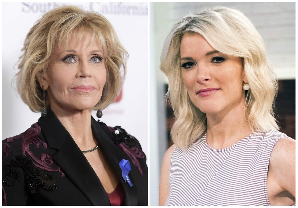 In this combination photo, Jane Fonda appears at the 2017 ACLU SoCal's Bill of Rights Dinner in Beverly Hills, Calif., on Dec. 3, 2017, left, and Megyn Kelly poses on the set of her new show, 'Megyn Kelly Today' in New York on Sept, 21, 2017. Kelly says Jane Fonda 'has no business lecturing anyone on what qualifies as offensive' after the actress criticized her for bringing up the subject of plastic surgery in an interview last September. Fonda glared at Kelly and objected to the topic and, in an interview with Variety published over the weekend, called the question inappropriate and said she was stunned it was brought up. Kelly noted Monday, Jan. 22, 2018, that Fonda had discussed the topic of her own surgery in the past (Photos by Richard Shotwell, left, Charles Sykes/Invision/AP)