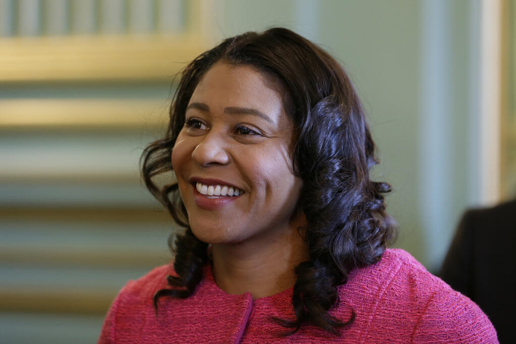 FILE - In this Nov. 1, 2019, file photo, San Francisco Mayor London Breed waits to speak at a luncheon in San Francisco. Last month Mayor Breed dined at the same three-star Michelin restaurant a night after California Gov. Gavin Newsom did in Yountville, Calif. (AP Photo/Eric Risberg, File)