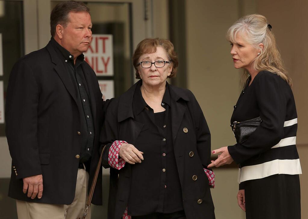 Gayle Gray, middle, leaves Sonoma County Superior Court with her son and daughter, Wednesday, May 4, in Santa Rosa. Gray pleaded no contest to charges stemming from running over two pedestrians in Oakmont, one of which, Jackie Simon, 85, died of the injuries caused by the accident in January of this year. (Kent Porter / Press Democrat) 2016