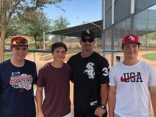 SUBMITTED PHOTOMembers of the Athletic Edge 17-under team had an opportunity to meet with several former pro baseball players at a tournament in Arizona. Shown with former Giant Aaron Rowand (center) are Garett Lewis, Alex Leopard and Lucas Schaefer.