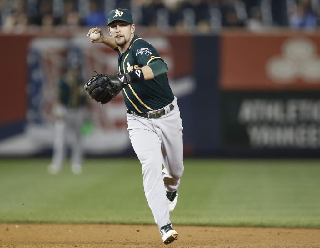 Oakland Athletics Josh Donaldson throws to first for a putout in a baseball game against the New York Yankees at Yankee Stadium in New York, Tuesday, June 3, 2014. (AP Photo/Kathy Willens)