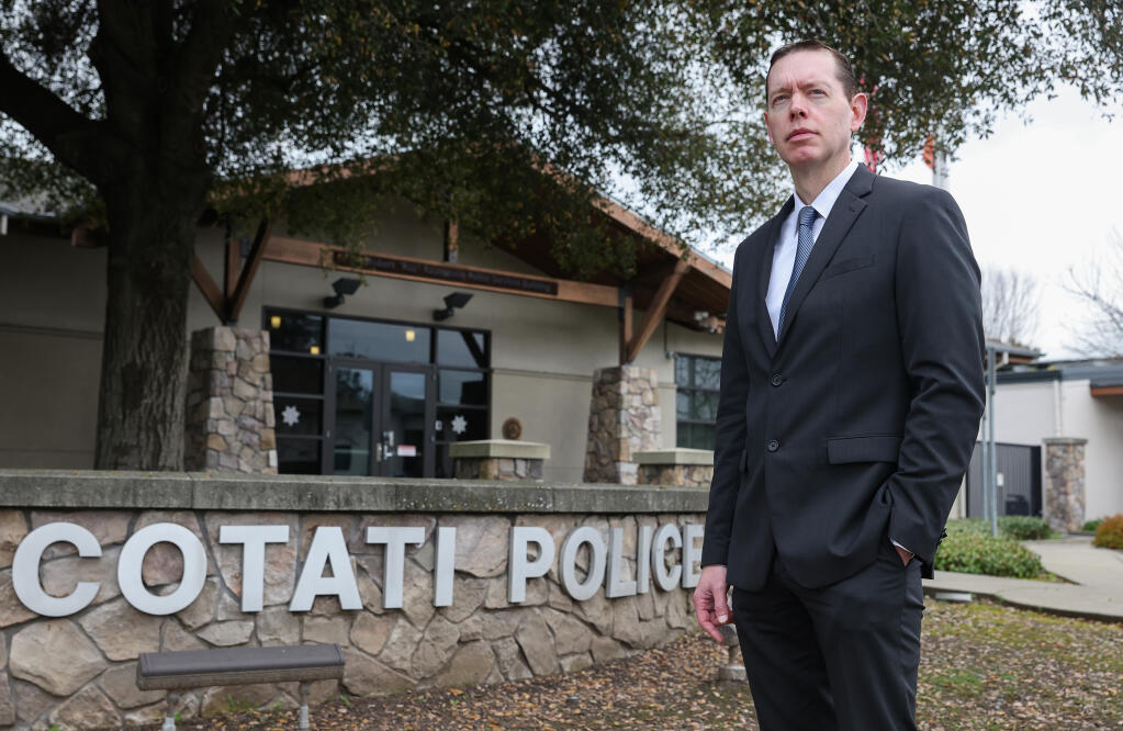 New Cotati Police Chief Chris Simmons. Photo taken in Cotati on Monday, February 26, 2024.  (Christopher Chung/The Press Democrat)