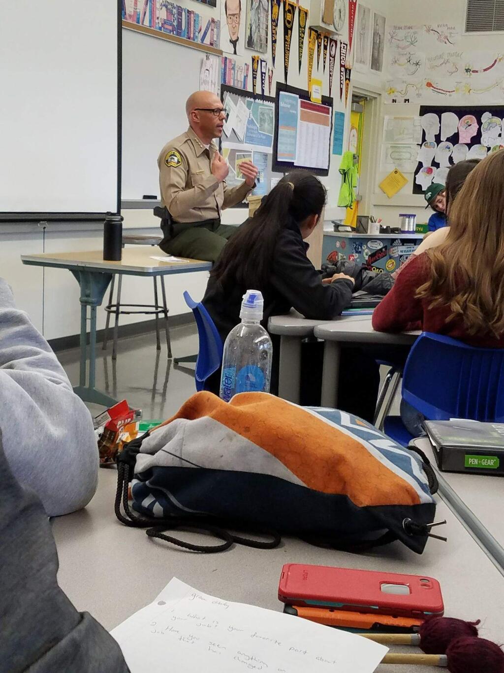 JOHN JACKSON/ARGUS-COURIER STAFFSonoma County Sheriff Robert Giordano speaks to students at Petaluma High School.