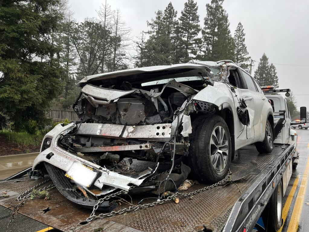 Two people were hurt Sunday, March 19, 2023, after a tree fell on a pair of vehicles in Granite Bay, according to the California Highway Patrol. (CHP - Auburn / Facebook)