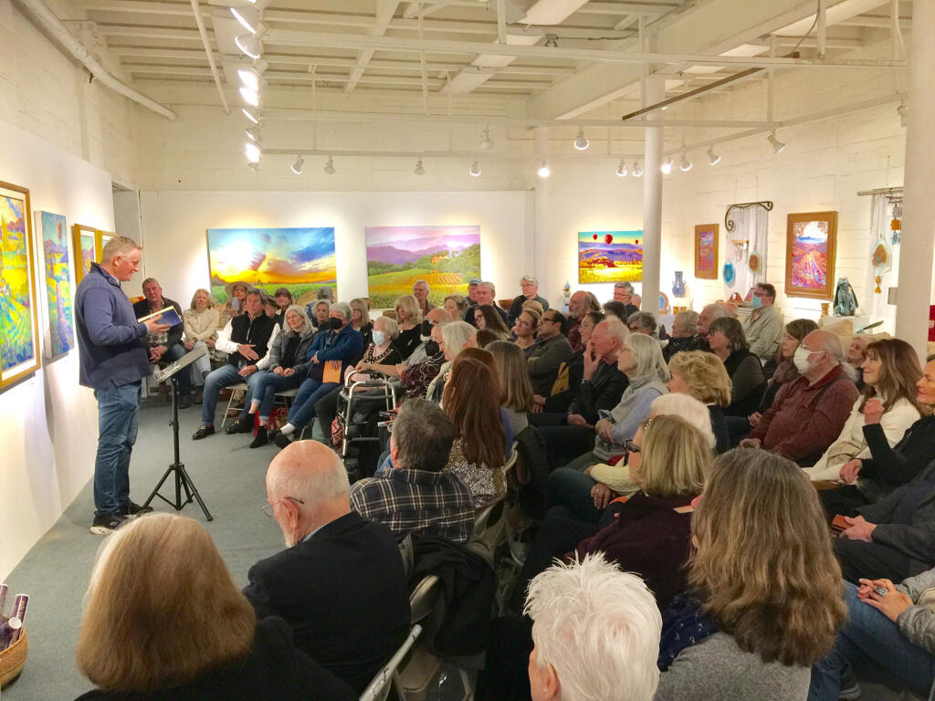 Rob Bundschu, from Gundlach Bundschu Winery in Sonoma, reads from his memoir, “Everybody Gets In,” in May at Jessel Miller’s Writers’ Salon in Napa. (Jessel Gallery photo)