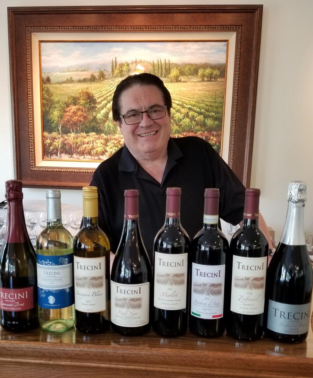 John Vicini, founder of Trecini Winery, shows off his wines at the Santa Rosa tasting room. (Cathleen Vicini)