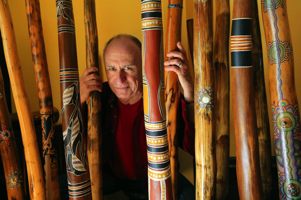 PHOTO: 2 Left, above, photos by John Burgess / The Press Democrat-Rio Olesky of Forestville, known mainly as an astrologer, also is a didgeridoo player and has collected 17 of the ancient wind instruments, some of which were made from Arizona agave and Australian stringy bark eucalyptus.