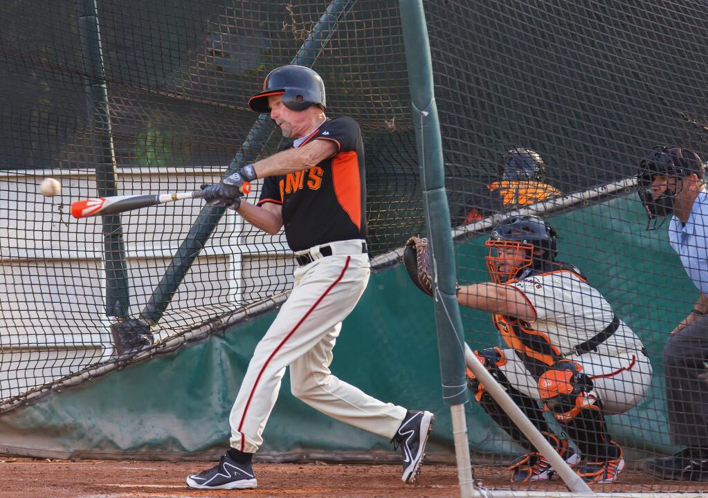 Hal Nickle takes a healthy cut at a ball during the San Francisco Giants Fantasy Camp in January.