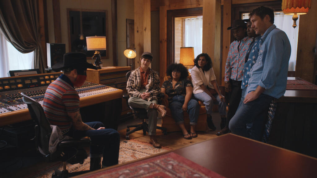 This image from Apple TV+ series “My Kind of Country” shows Petaluma native Ismay, second from left, with mentor Orville Peck, from left, Micaela Kleinsmith, Alisha Pais and The Congo Cowboys. (Apple TV+)