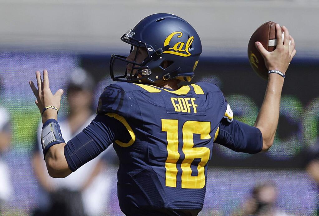 Cal's Jared Goff passes against Colorado during the first half Saturday, Sept. 27, 2014, in Berkeley.(AP Photo/Ben Margot)