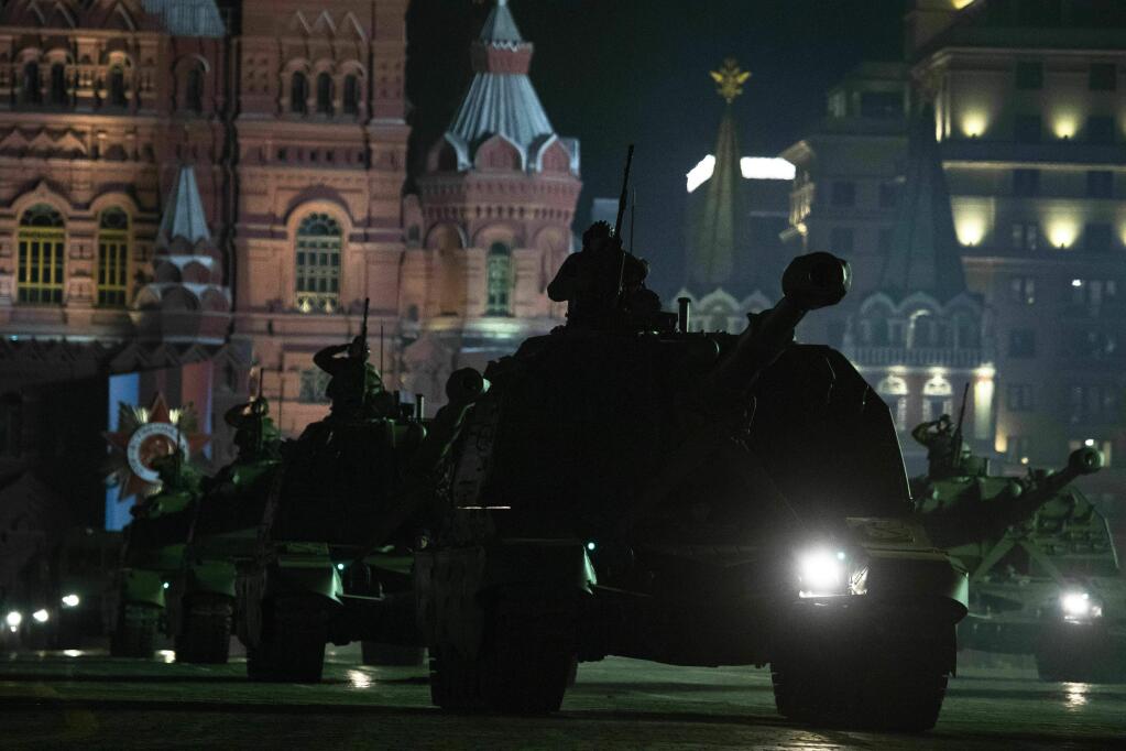 Russian Msta-S self-propelled howitzers move along Red Square during a rehearsal for the Victory Day military parade in Moscow, Russia, Saturday, May 4, 2019. The parade will take place in Moscow's Red Square on May 9 to celebrate 74 years of the victory in WWII. (AP Photo/Pavel Golovkin)