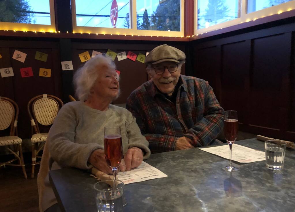 Sonia and George Segal celebrate the actor’s 87th birthday Feb. 13, 2021, on the side patio at Matthew Greenbaum’s Underwood Bar and Bistro. (Matthew Greenbaum)