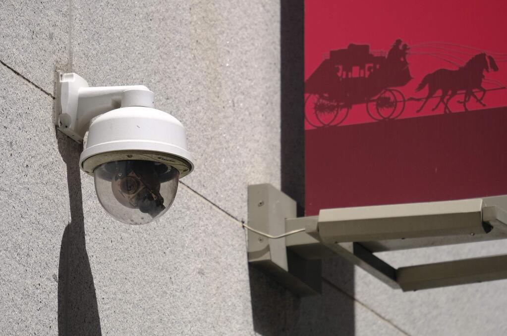 This photo taken Tuesday, May 7, 2019, shows a security camera in the Financial District of San Francisco. San Francisco is on track to become the first U.S. city to ban the use of facial recognition by police and other city agencies as the technology creeps increasingly into daily life. (AP Photo/Eric Risberg)