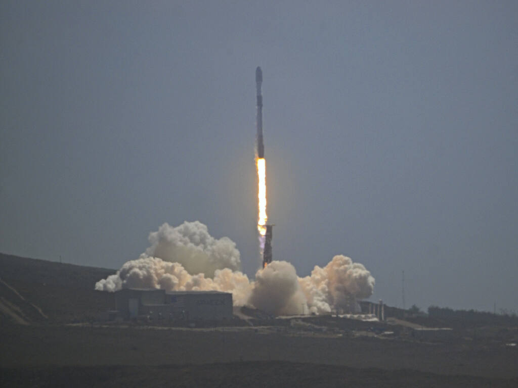 In this photo provided by the U..S. Space Force, a SpaceX Falcon-9 rocket carrying Starlink mission 3-3 launches from Space Launch Complex-4E on Friday, Aug. 12, 2022, at 2:40 p.m. PDT, Vandenberg Space Force Base, Calif. SpaceX has launched 46 more Starlink satellites into orbit from California. The satellites were carried aboard a Falcon 9 rocket that blasted off from Vandenberg Space Force Base on the central coast at 2:40 p.m. Friday. (Airman 1st ClassCKadielle Shaw/U.S. Space Force via AP)