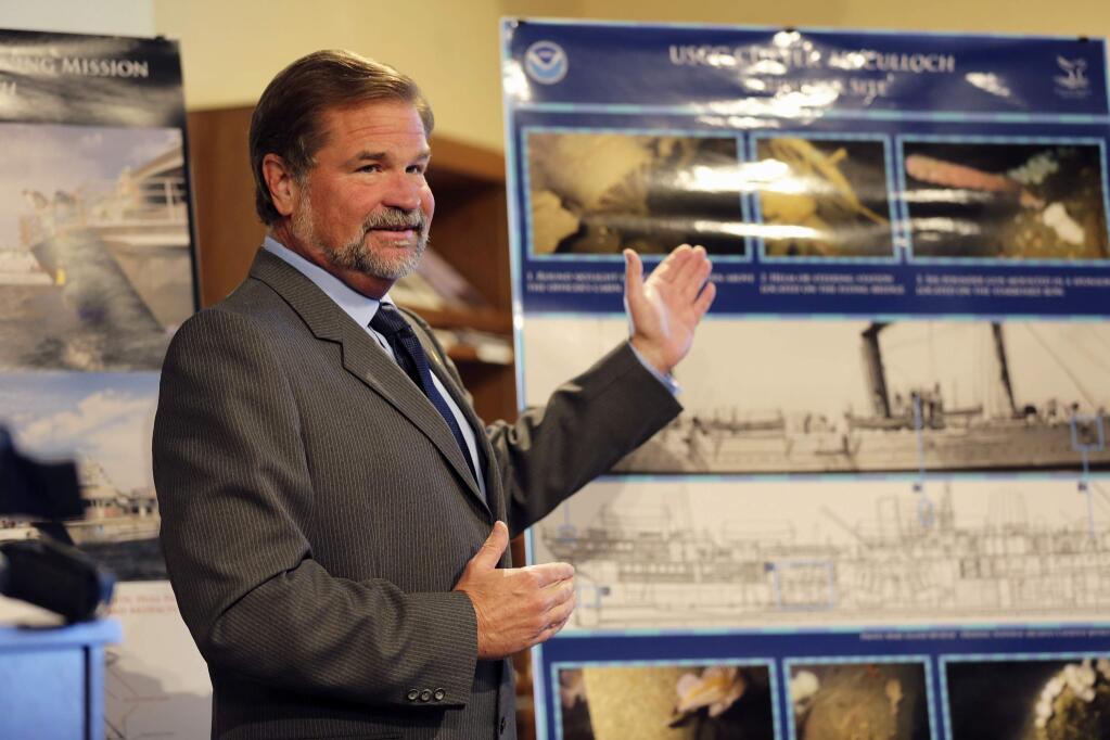 National Oceanic and Atmospheric Administration coordinator Robert Schwemmer speaks during a press conference announcing the shipwreck discovery of a historic U.S. Coast Guard ship Tuesday, June 13, 2017, in San Francisco on the 100-year anniversary its disappearance. USCGC McCulloch was sailing off the coast of Southern California when it heard the blare of a foghorn and smashed into a passenger steamship on June 13, 1917. (AP Photo/Linda Wang)