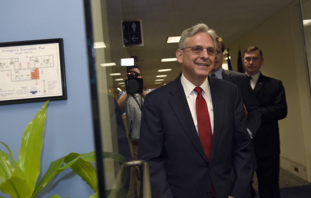 Supreme Court nominee Merrick Garland arrives for his meeting with Sen. Mazie Hirono, D-Hawaii., on Capitol Hill in Washington, Wednesday, May 18, 2016. (AP Photo/Susan Walsh)