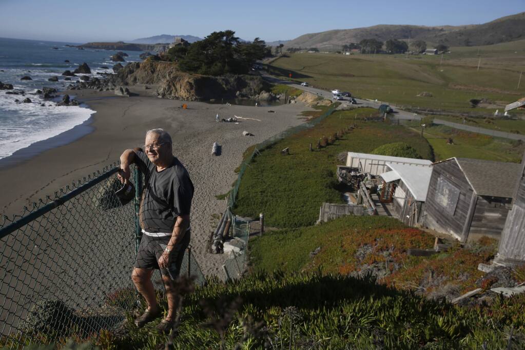Dennis McAllister stands atop property he owns overlooking Scotty Creek Beach. McAllister sold a strip on the northern side of his property, connecting Highway 1 to the high tide zone. Photo taken just north of Bodega Bay, California, on Tuesday, Feb. 11, 2020. (BETH SCHLANKER/ PD)