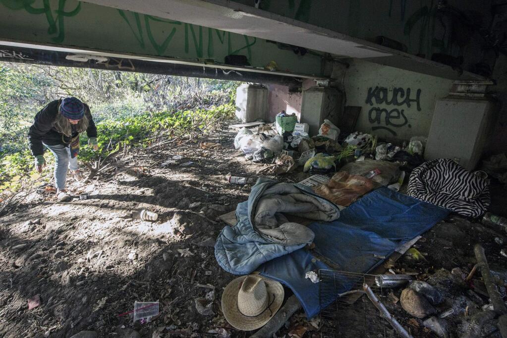 The annual Sonoma County Homeless Count took place in Sonoma on Friday, Feb. 23. Elena Alioto, case manager at the Haven, a refuge in the City of Sonoma for those who have nowhere to live, came across an encampment under one of Sonoma's bridges. Determining that only a single person inhabits the makeshift habitat, one person was added to the count. (Photo by Robbi Pengelly/Index-Tribune)
