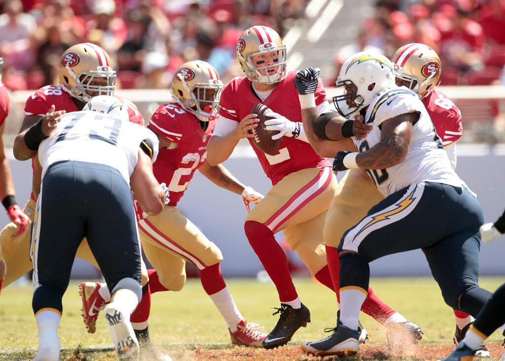 San Francisco 49ers' Blaine Gabbert. The San Francisco 49ers beat the San Diego Chargers, 21-7, in a preseason game on August 24, 2014.