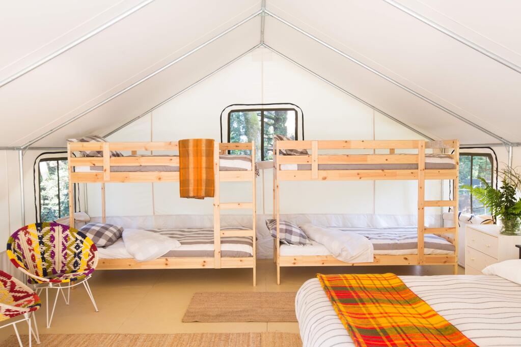 Rare for glamping properties, larger family tents at the Mendocino Grove come with queen and twin beds, or two sets of bunk beds (dogs are welcome, too). (COURTESY OF MENDOCINO GROVE)