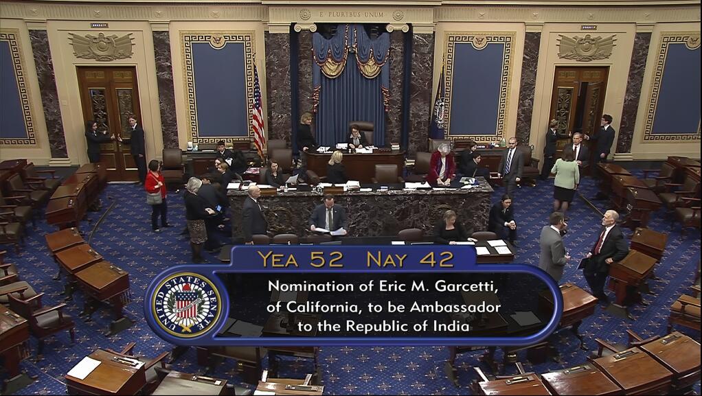 This image provided by Senate Television shows the Senate vote total on Wednesday, March 15, 2023, on the nomination of Eric Garcetti to become the U.S. Ambassador to India. Garretti's nomination was approved by a vote of 52-42. (Senate Television via AP)