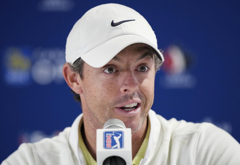 Rory McIlroy speaks to the media about the deal merging the PGA Tour and European tour with Saudi Arabia’s golf interests at the Canadian Open in Toronto on Wednesday, June 7, 2023. (Nathan Denette / Canadian Press)