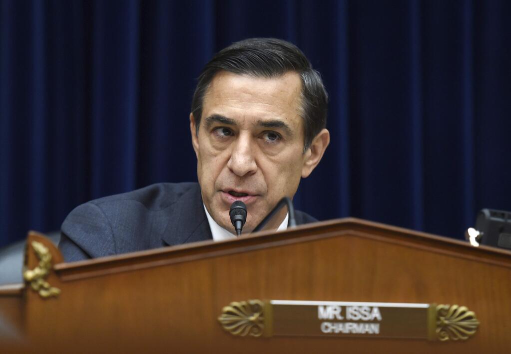 FILE - In this Dec. 9, 2014 file photo, Rep. Darrell Issa, R-Calif. speaks on Capitol Hill in Washington. Issa says he will not seek re-election after serving out his ninth term in Congress. Issa's decision continues a string of GOP lawmakers who have decided to retire rather than take on what would be a difficult re-election battle. (AP Photo/Molly Riley, File)