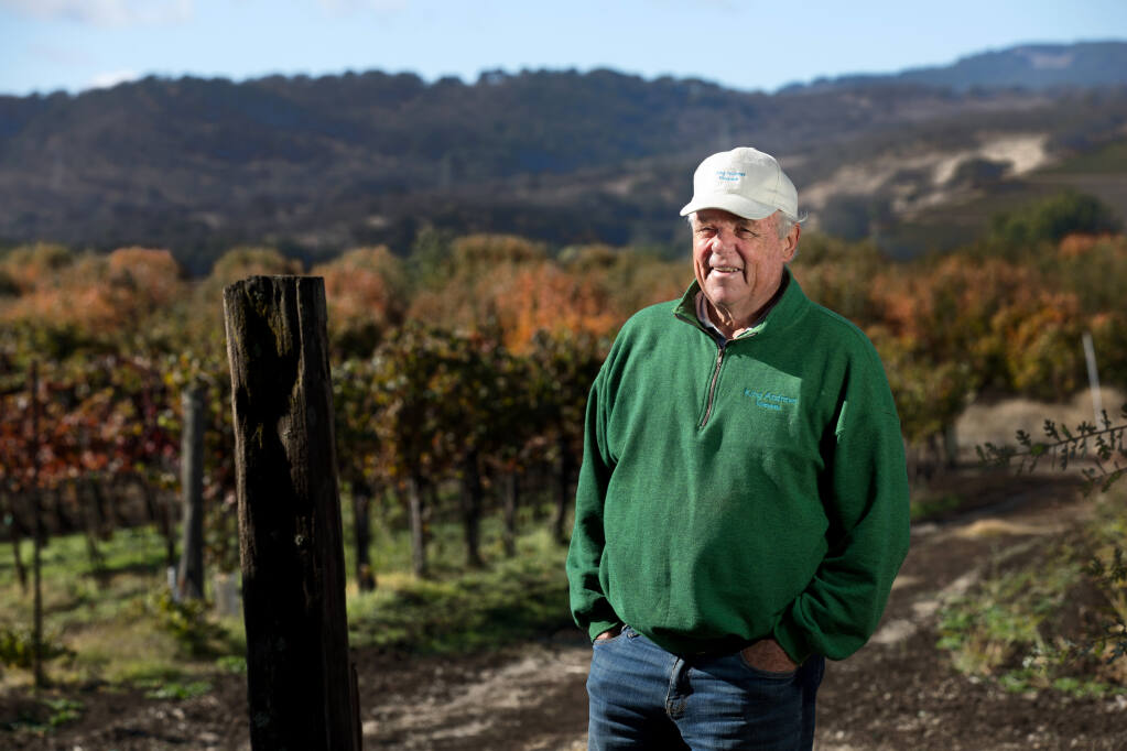Roger King, wine grower, stands near his vineyard, at King Andrews Vineyards, Wednesday, November 9, 2022, in Fairfield.  (Darryl Bush / For The Press Democrat)