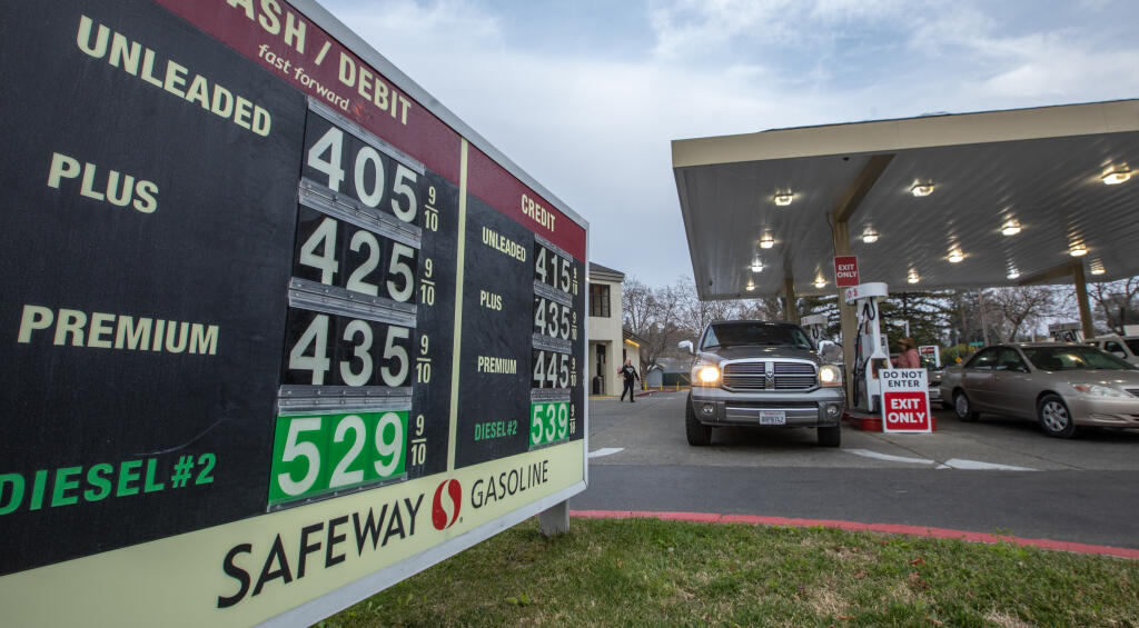 Gas prices continue to drop this holiday season with unleaded at $4.05 at the Mendocino Ave. Safeway on Monday Dec. 19, 2022. (Chad Surmick / The Press Democrat)
