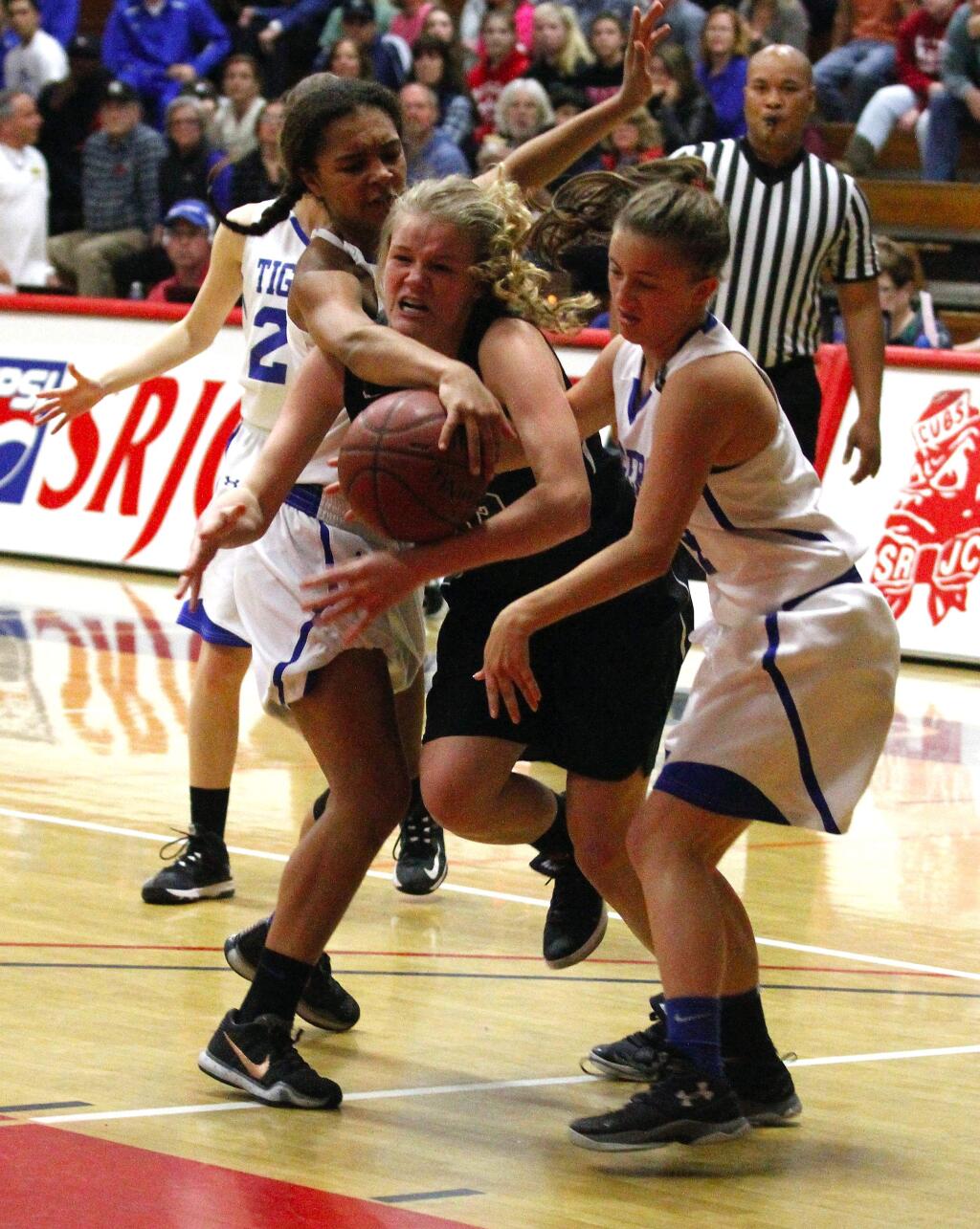 Sonoma's Grace Cutting gets fouled during the SCL tournament title game Feb. 20, 2016. Sonoma beat Analy 37-31 for the title.Photos by Bill Hoban/Index-Tribune