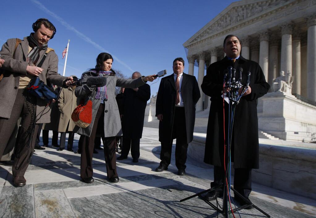 David Bossie of Citizens United, whose case decision in Citizens United v. Federal Election Commission spanned 183 pages and more than 48,000 words, speaks outside the Supreme Court on Jan. 21, 2010. (LUKE SHARRETT / New York Times, 2010)