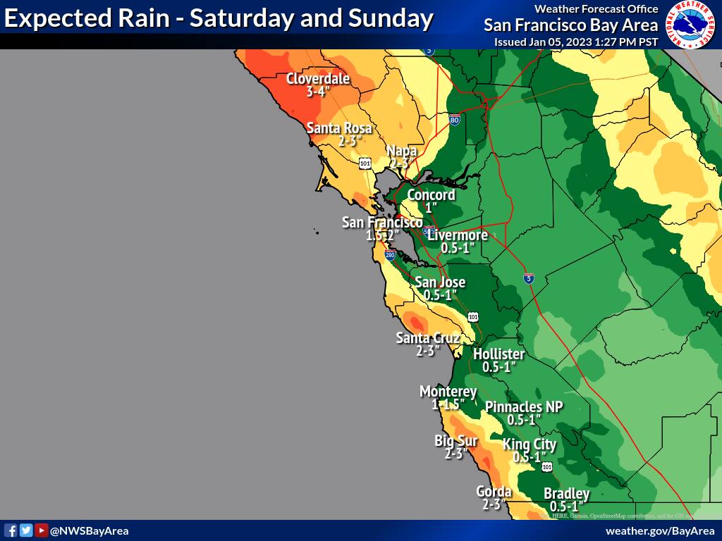 This graphic shows anticipated rainfall across the Bay Area the weekend of Saturday, Jan. 7, 2022. (National Weather Service)