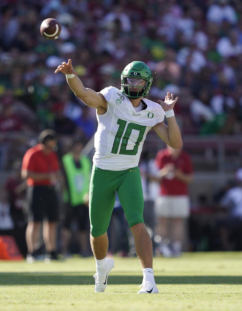 Oregon quarterback Justin Herbert (10) throws against Stanford during the first half of an NCAA college football game on Saturday, Sept. 21, 2019, in Stanford, Calif. (AP Photo/Tony Avelar)