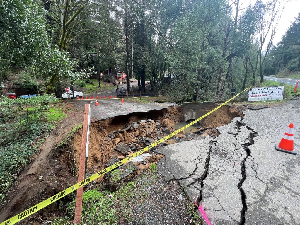 Creekside Cabins sinkhole on Sunday, Jan. 16, 2023. (Mendocino County Executive Office)
