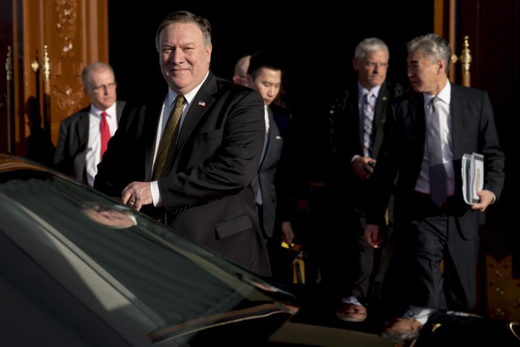 Secretary of State Mike Pompeo departs his guest house in Pyongyang, North Korea, Saturday, July 7, 2018, to call President Donald Trump on a secure phone. (AP Photo/Andrew Harnik, Pool)