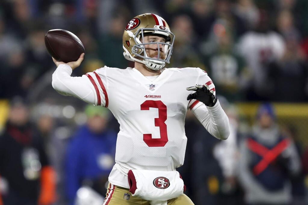 San Francisco 49ers quarterback C.J. Beathard throws during the first half against the Green Bay Packers Monday, Oct. 15, 2018, in Green Bay, Wis. (AP Photo/Matt Ludtke)