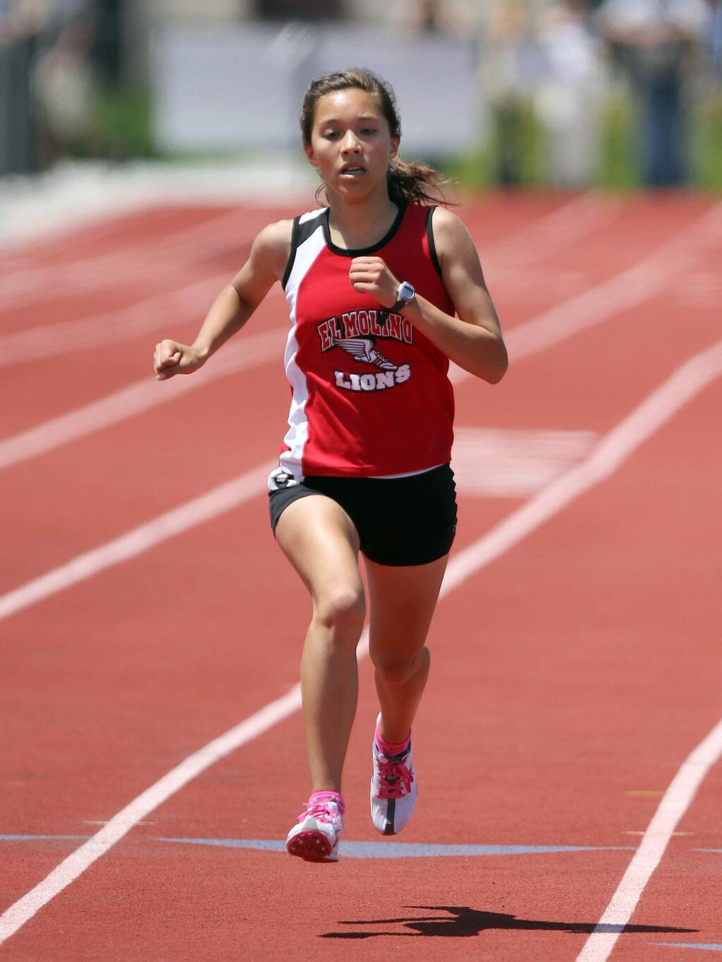 El Molino's Nicole Lane came in more then 10 seconds before the rest in the 3,200-meter run with a time of 11:17.67 during the NCS track meet held at Rancho Cotate High School, May 21, 2011. (PD File)