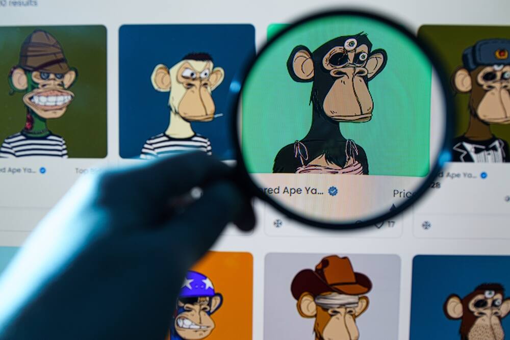Photo illustration showing a hand holding a magnifying glass over a computer screen, focused on one image from the Bored Ape NFT catalog.