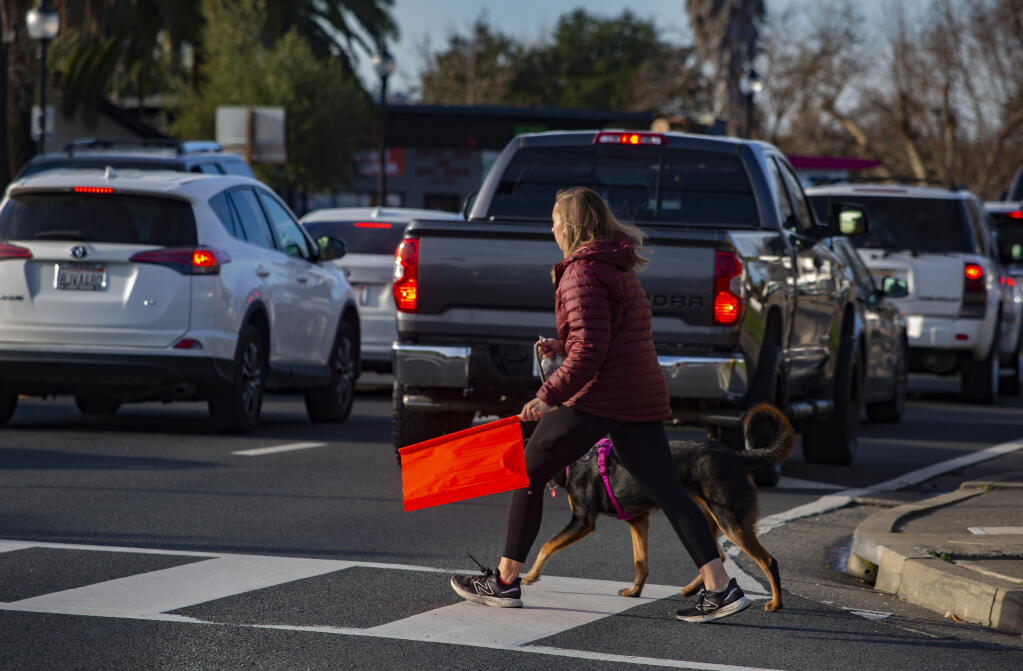 After a pedestrian was killed, 1st District Supervisor Susan Gorin asked for the installation of “see me” flags at Verano Avenue and Highway 12, pictured on Thursday, Jan. 19, 2023. (Robbi Pengelly/Index-Tribune)