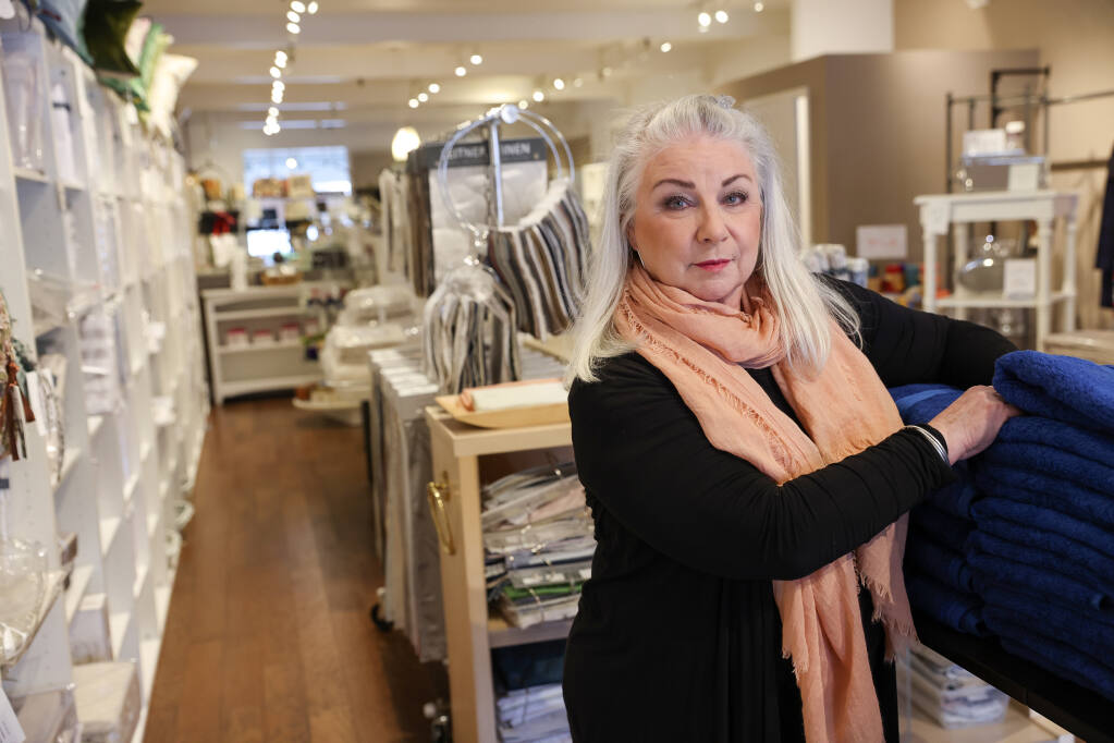 Pamela Layton is closing her Prima Linens store, in Montgomery Village, after ten years in business.  Photo taken in Santa Rosa, Tuesday, March 14, 2023.  (Christopher Chung / The Press Democrat)