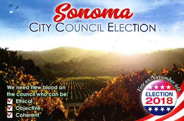 The anonymous campain postcard, the front of which shown above, arrived in Sonoma mailboxes the first week of October. The cards were hand-stamped and post-marked from Arizona.