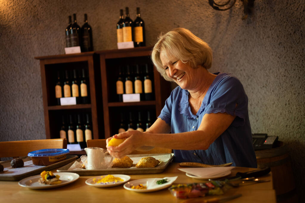 Chef Deirdre Francis created the Spring Wine & Food Experience menu in the caves at Simoncini Vineyards in the Dry Creek Valley April 12, 2023.   (John Burgess/The Press Democrat)