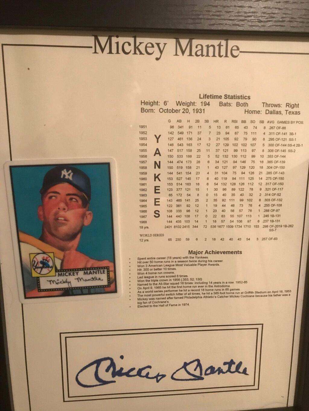 Among the special items to be auctioned off to aid fire relief is an autographed Mickey Mantle career statistics sheet.